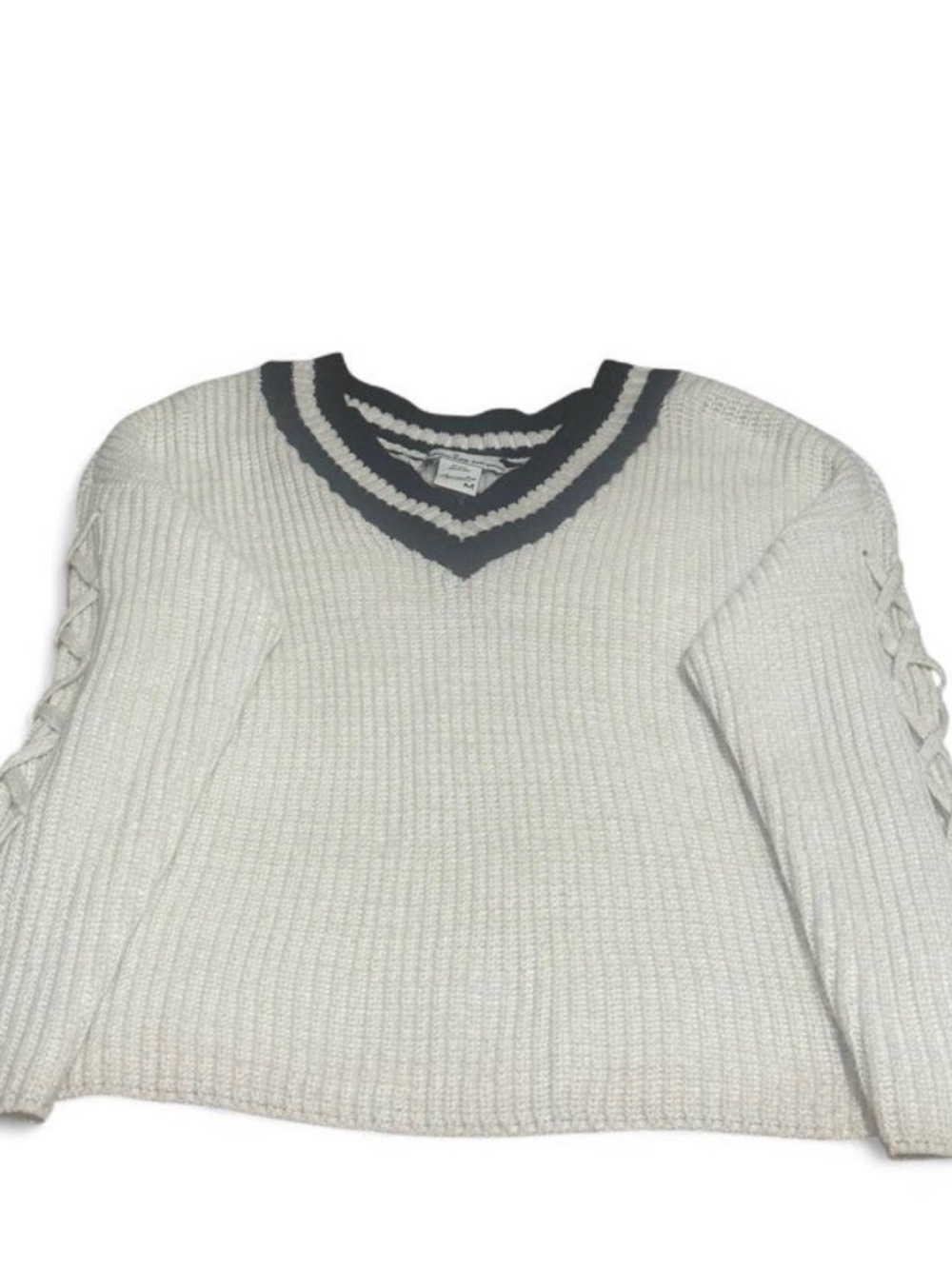 Cozy V-Neck Cable Sleeve Sweater - Cream with Black Trim